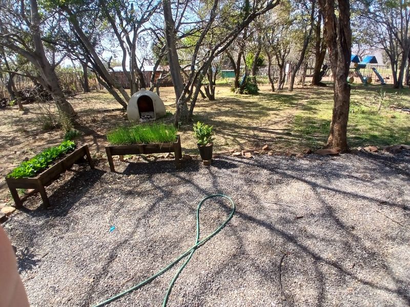 A spacious garden area featuring a gravel surface and mature trees, providing a natural outdoor setting.