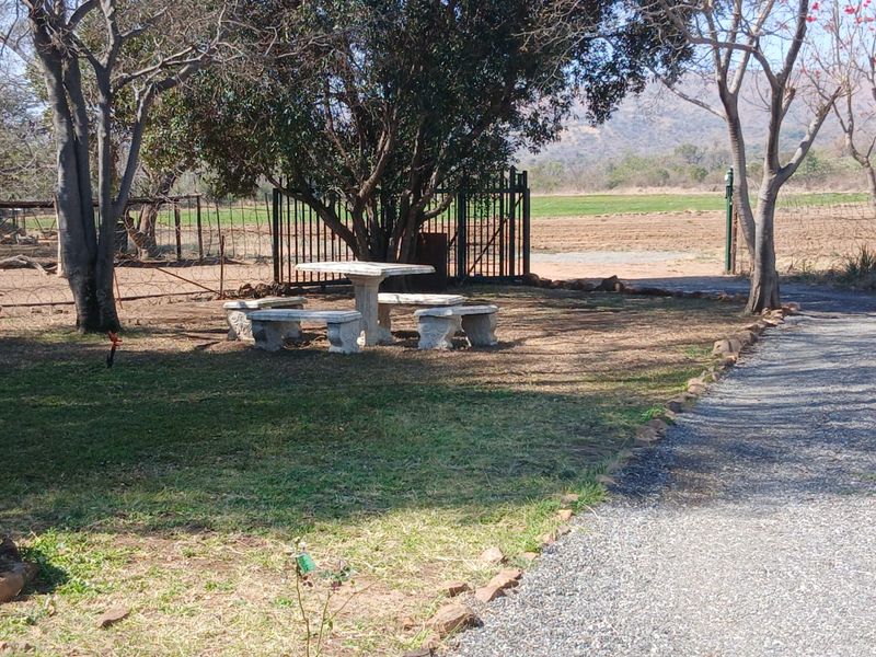 A spacious garden area featuring a gravel driveway, mature trees, and a stone seating area, overlooking open fields and natural landscape.