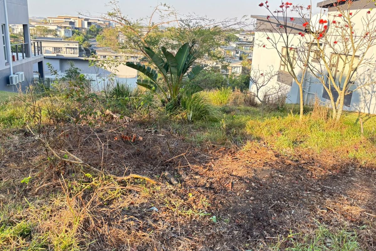 A sloped residential plot of vacant land situated between existing modern homes, featuring natural vegetation and an incline.