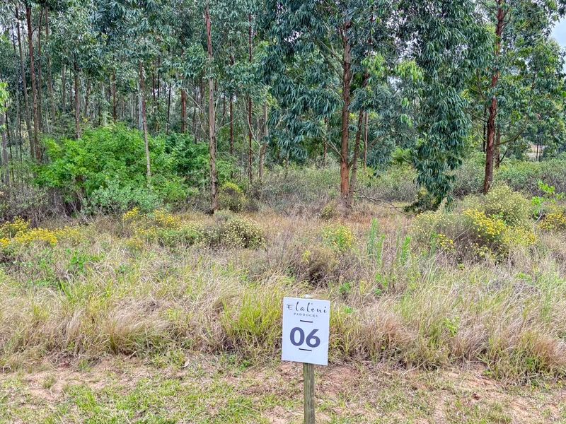 A vacant residential plot featuring natural vegetation and mature trees, marked with a property identification sign.