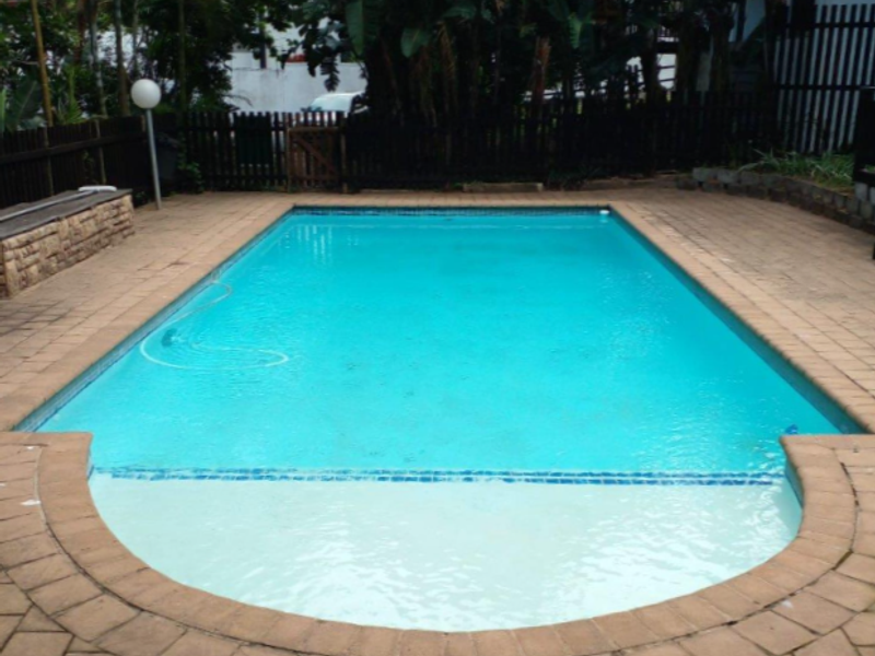 A rectangular swimming pool with a curved entry step, surrounded by paved decking and a stone retaining wall, set within a private garden area.