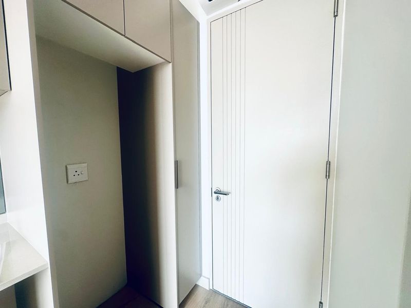 A clean, modern hallway featuring built-in cabinetry and a contemporary interior door with vertical detailing.