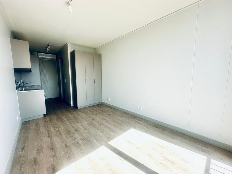 A bright, open-plan living space featuring modern laminate flooring, a compact kitchenette, and built-in storage cabinetry.