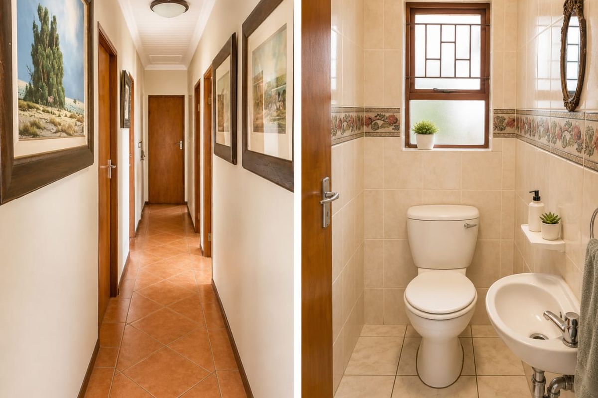 A well-maintained hallway featuring terracotta-style floor tiles, wooden door frames, and neutral wall finishes leading to multiple rooms.