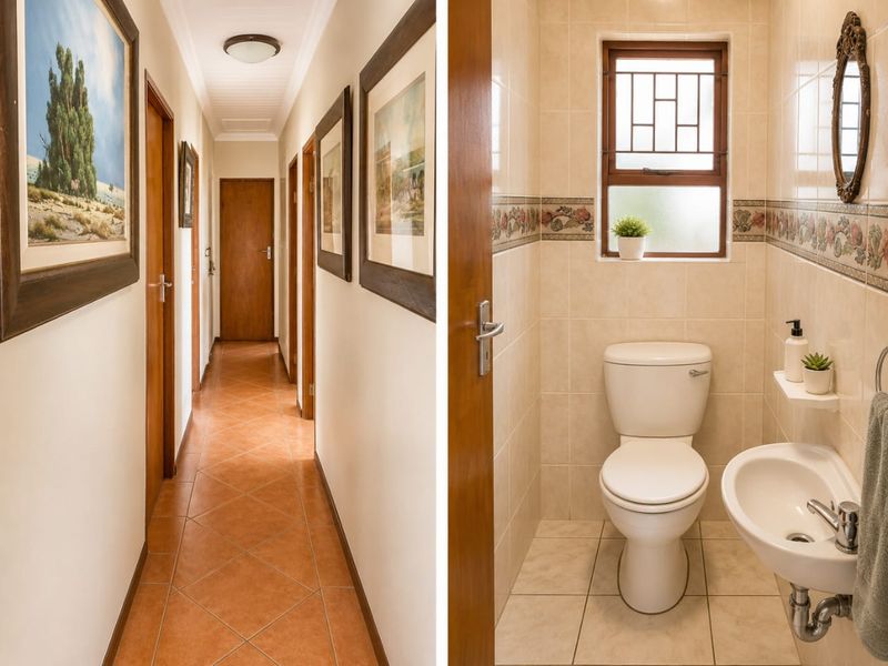 A well-maintained hallway featuring terracotta-style floor tiles, wooden door frames, and neutral wall finishes leading to multiple rooms.