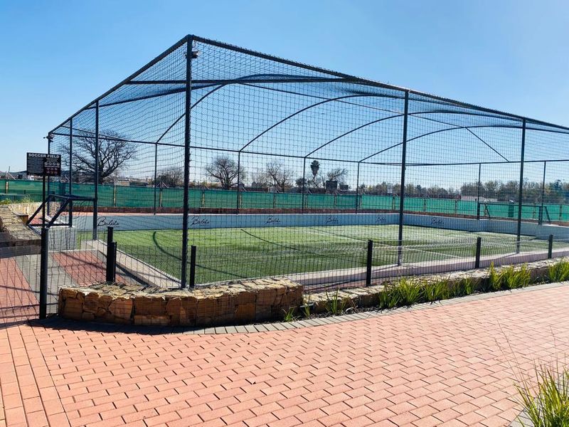 A well-maintained outdoor soccer field featuring artificial turf, enclosed by high perimeter netting and stone retaining walls, accessible via a paved walkway.