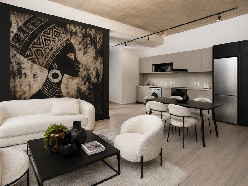 Modern open-plan living area featuring an exposed concrete ceiling, track lighting, and a sleek, fully equipped kitchen with integrated appliances and contemporary cabinetry.