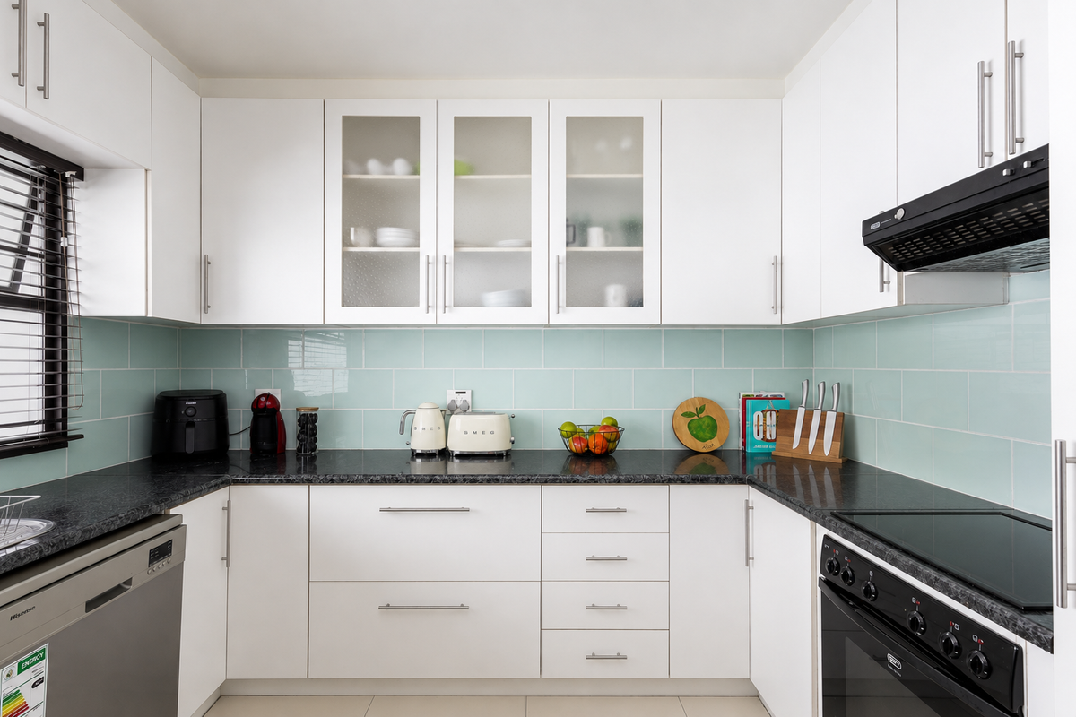 A modern, well-maintained kitchen featuring white cabinetry, black granite countertops, a light blue subway tile backsplash, and integrated appliances.
