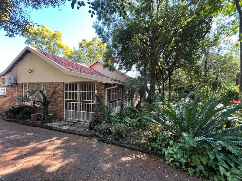 Front exterior view of a brick house featuring a tiled roof, paved driveway, and security gates, surrounded by established garden landscaping.