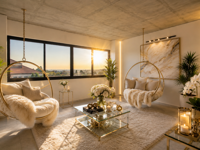A modern living room featuring an exposed concrete ceiling, large windows with sunset views, and integrated ambient LED strip lighting.