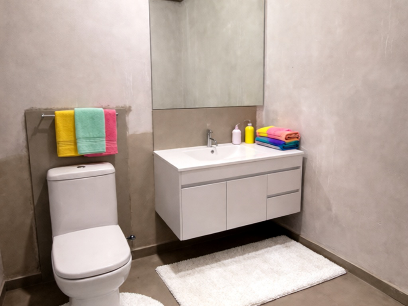 Modern bathroom featuring a wall-mounted vanity, large mirror, and dual-flush toilet, set against raw concrete-style walls and ceiling.