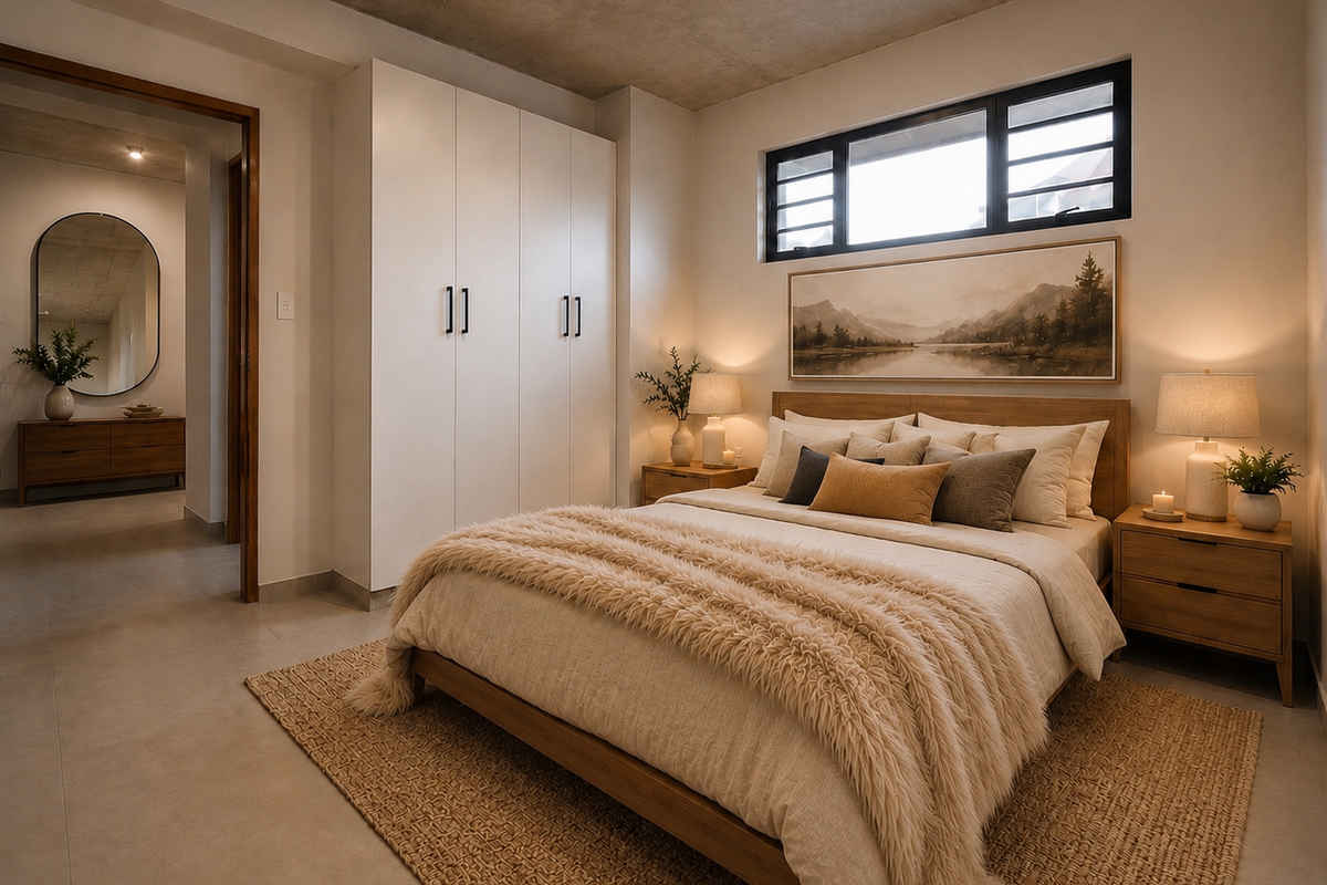 A modern bedroom featuring an exposed concrete ceiling, built-in wardrobe, tiled flooring, and a high-level window providing natural light.