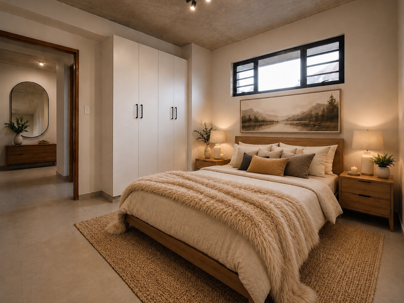 A modern bedroom featuring an exposed concrete ceiling, built-in wardrobe, tiled flooring, and a high-level window providing natural light.