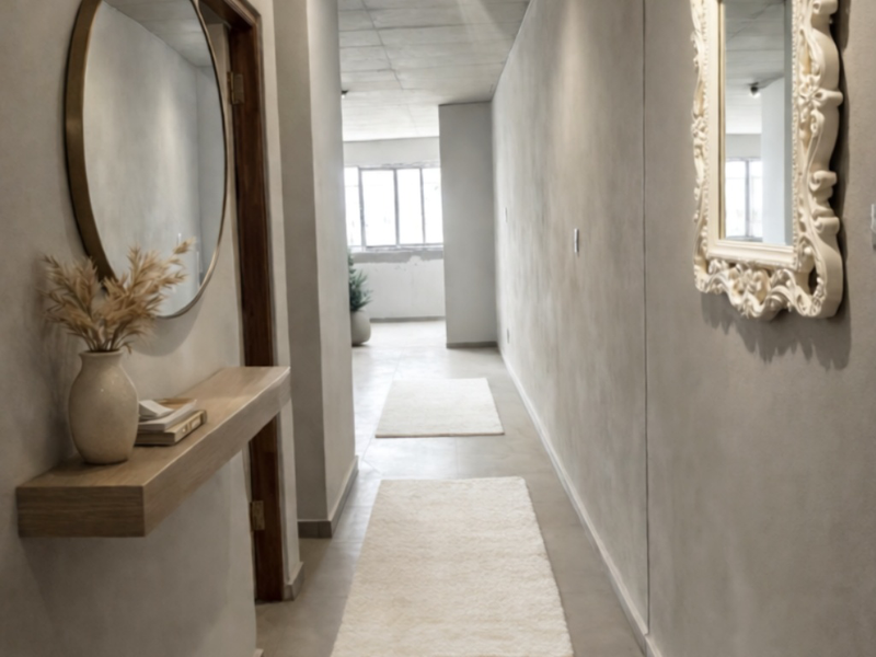 A modern hallway featuring a raw concrete ceiling, neutral grey walls, and large format floor tiles, leading towards an open living area.