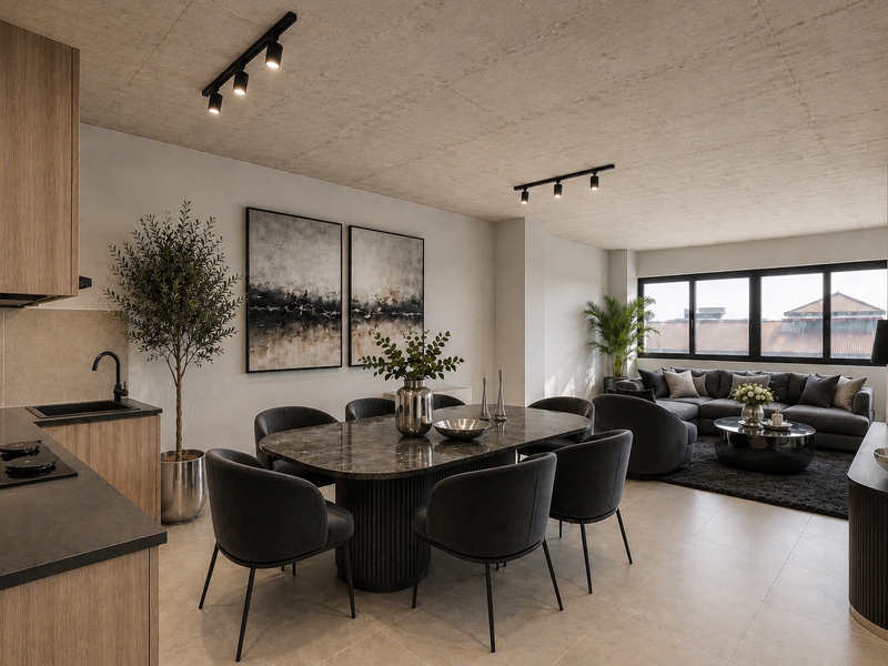 Modern open-plan living area featuring a sleek kitchen, dining space, and lounge with contemporary finishes, track lighting, and large windows providing natural light.
