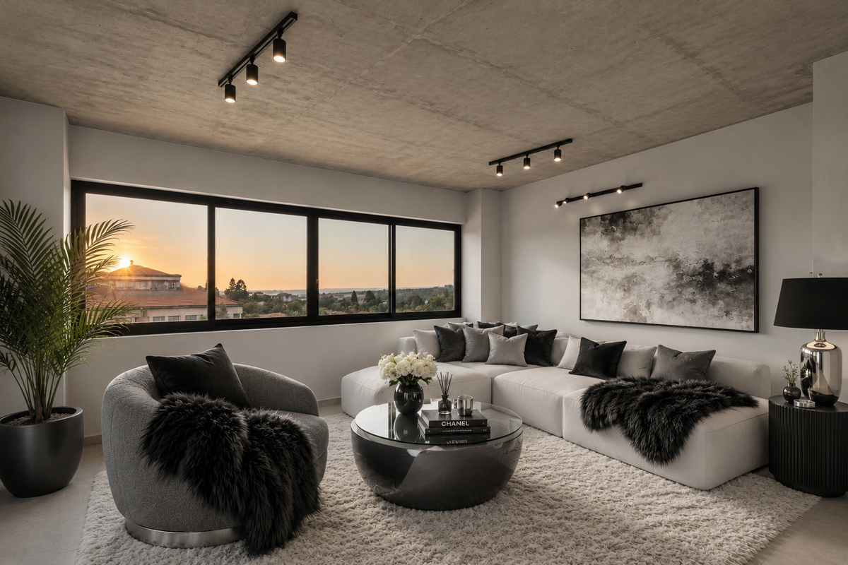 Modern living room featuring an exposed concrete ceiling, sleek track lighting, and expansive windows offering sunset views.