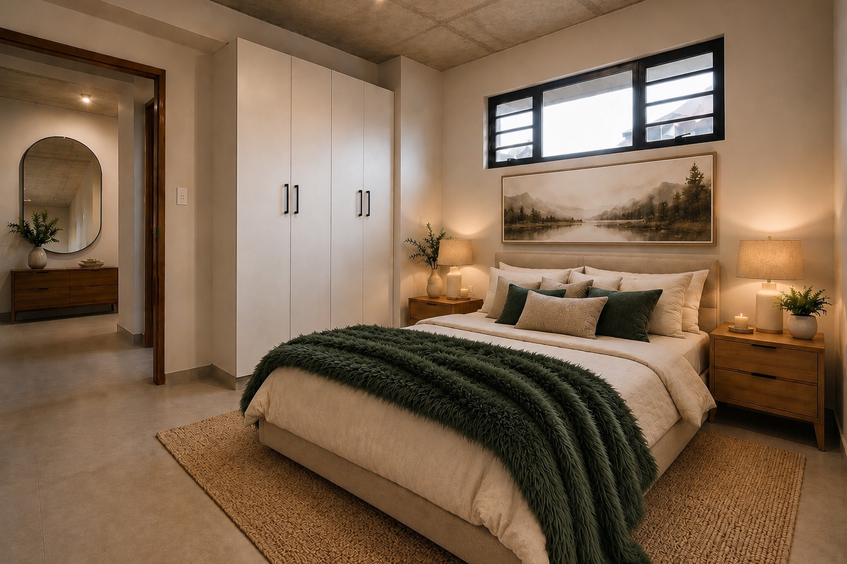 A modern bedroom featuring an exposed concrete ceiling, built-in wardrobe, tiled flooring, and track lighting, creating a contemporary and well-finished living space.