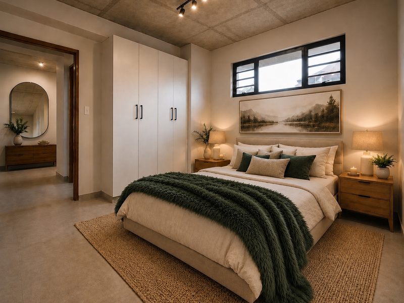 A modern bedroom featuring an exposed concrete ceiling, built-in wardrobe, tiled flooring, and track lighting, creating a contemporary and well-finished living space.