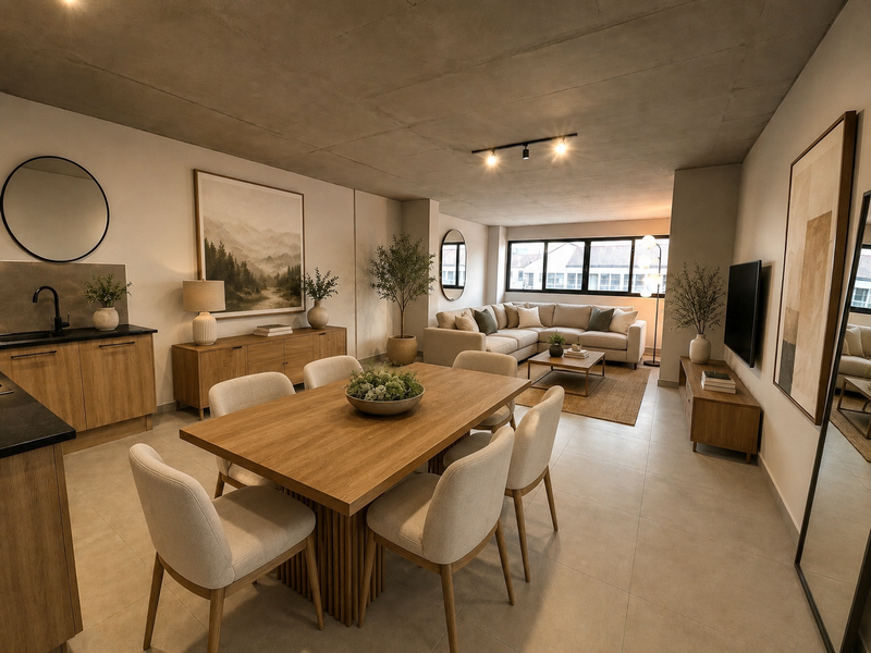 A modern open-plan living and dining area featuring an exposed concrete ceiling, tiled floors, and a sleek kitchen with built-in cabinetry.