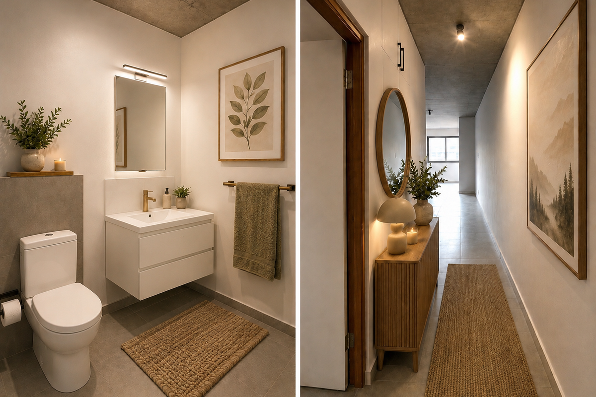 A composite image showing a modern bathroom with a wall-mounted vanity and a connecting hallway featuring exposed concrete ceilings and tiled flooring.