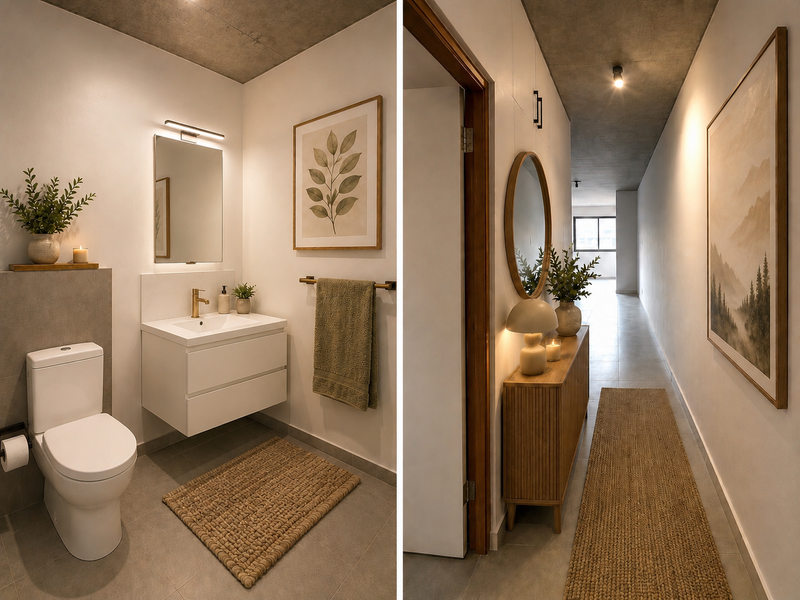A composite image showing a modern bathroom with a wall-mounted vanity and a connecting hallway featuring exposed concrete ceilings and tiled flooring.