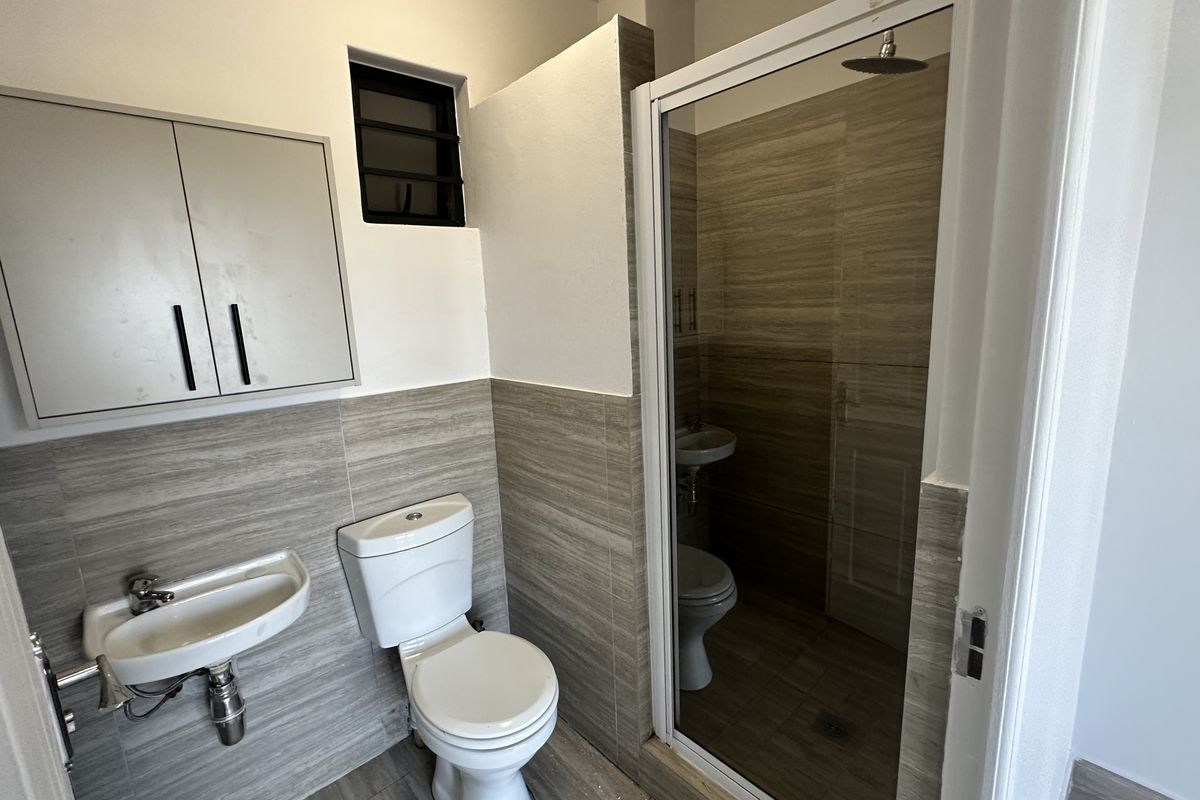 A compact bathroom featuring a wall-mounted basin, toilet, and a glass-enclosed shower with modern wood-look wall tiles.