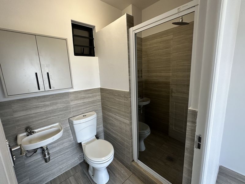 A compact bathroom featuring a wall-mounted basin, toilet, and a glass-enclosed shower with modern wood-look wall tiles.
