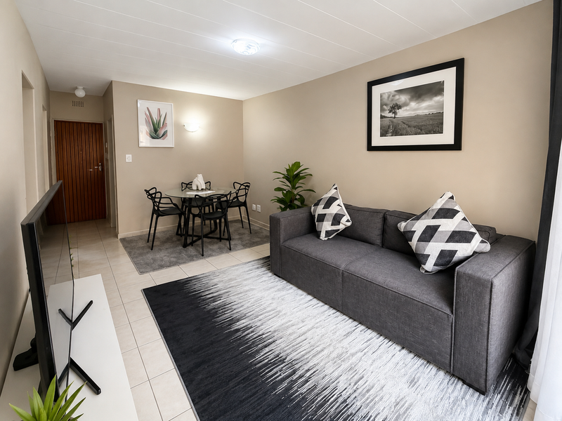 An open-plan living and dining area featuring neutral wall tones, tiled flooring, and a functional layout suitable for modern apartment living.