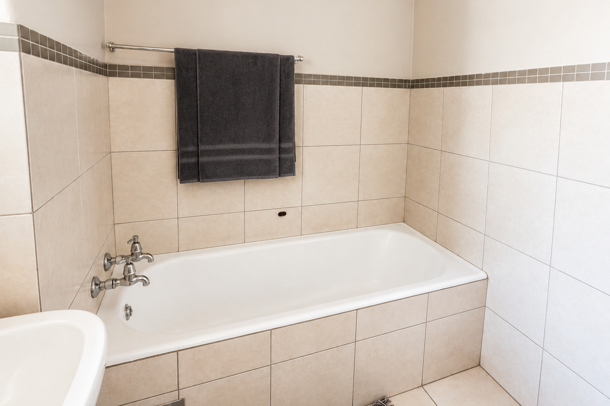 A clean, functional bathroom featuring a built-in bathtub with chrome fixtures and neutral wall and floor tiling.