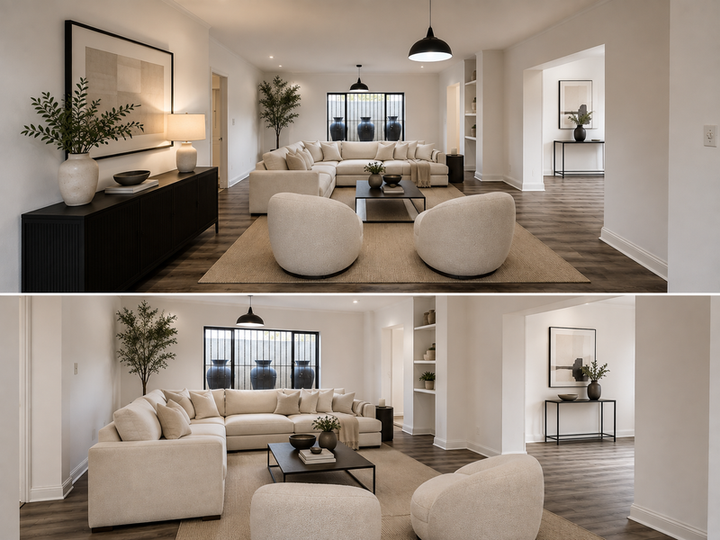 Spacious, well-lit living area featuring modern laminate flooring, built-in recessed shelving, and large windows with security bars, creating a bright and inviting atmosphere.