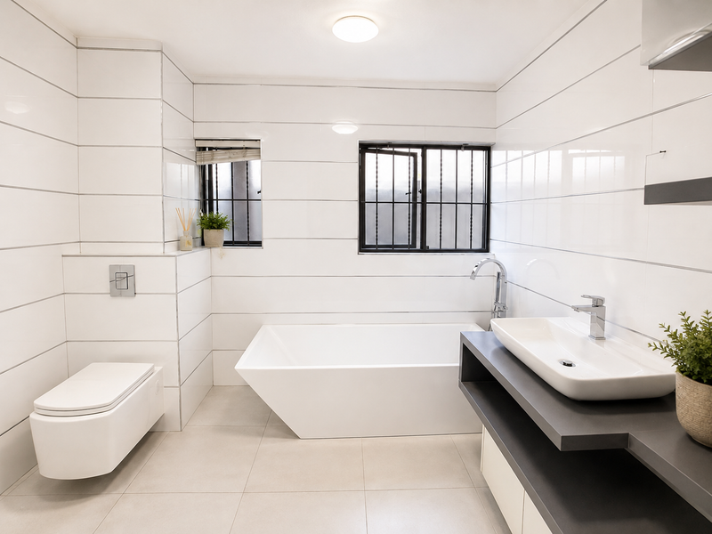Modern, minimalist bathroom featuring a wall-mounted toilet, sleek freestanding bathtub, and a floating vanity with a contemporary vessel sink.