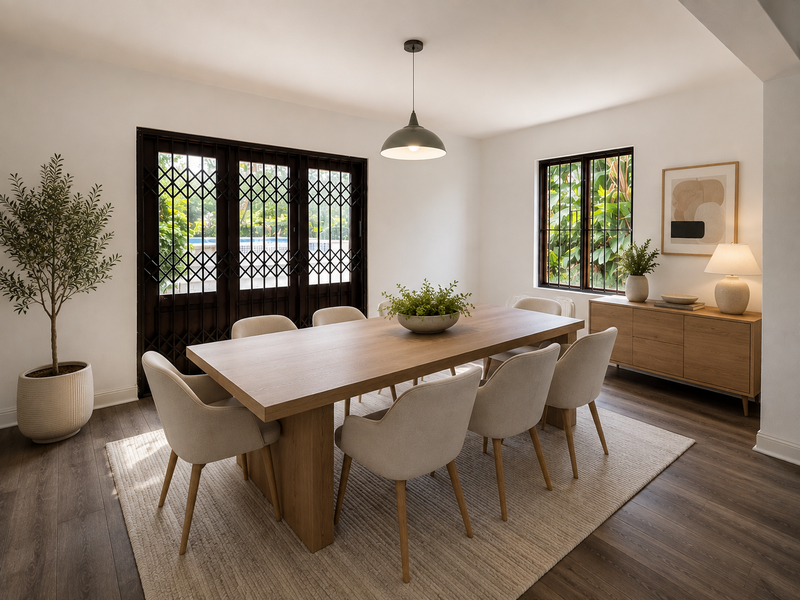 A bright and modern dining room featuring wood-look flooring, a central pendant light, and a secure metal gate leading to the exterior.