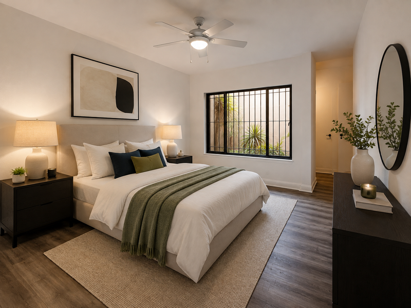 A well-maintained bedroom featuring modern laminate flooring, a ceiling fan, and a window fitted with security bars.