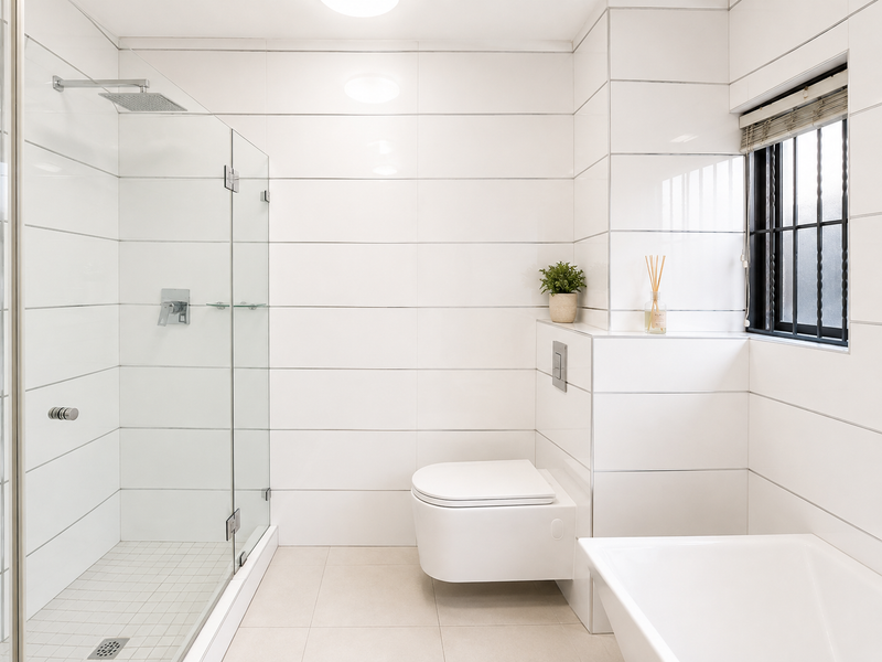 Modern bathroom featuring a walk-in shower with glass screen, wall-mounted toilet with concealed cistern, and clean white tiled finishes.