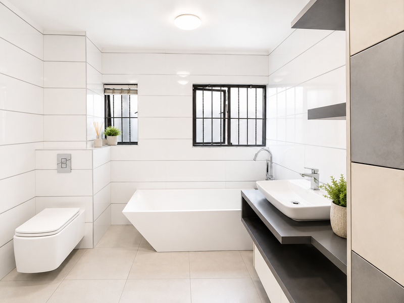 Modern, well-maintained bathroom featuring a wall-hung toilet, sleek freestanding bathtub, and a contemporary floating vanity with a vessel sink.