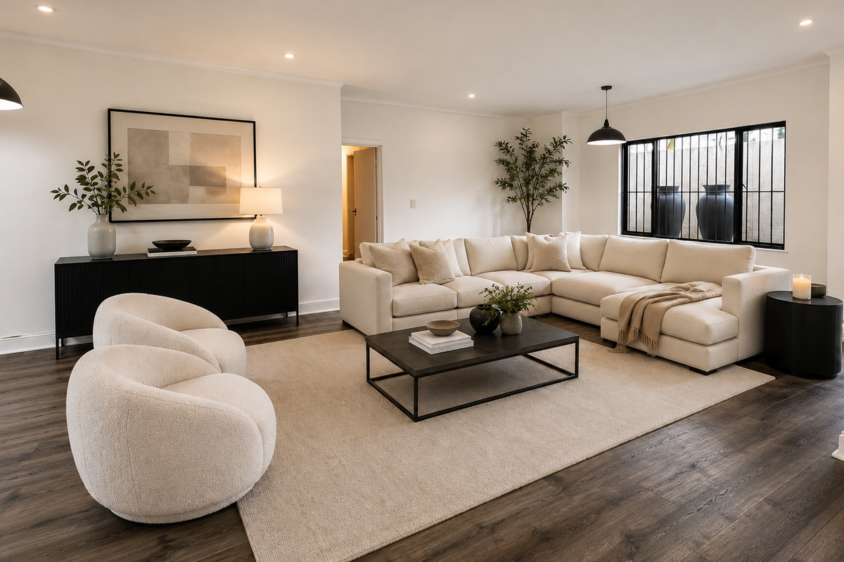 A bright and spacious living room featuring dark timber laminate flooring, recessed downlighting, and a large window with security bars.