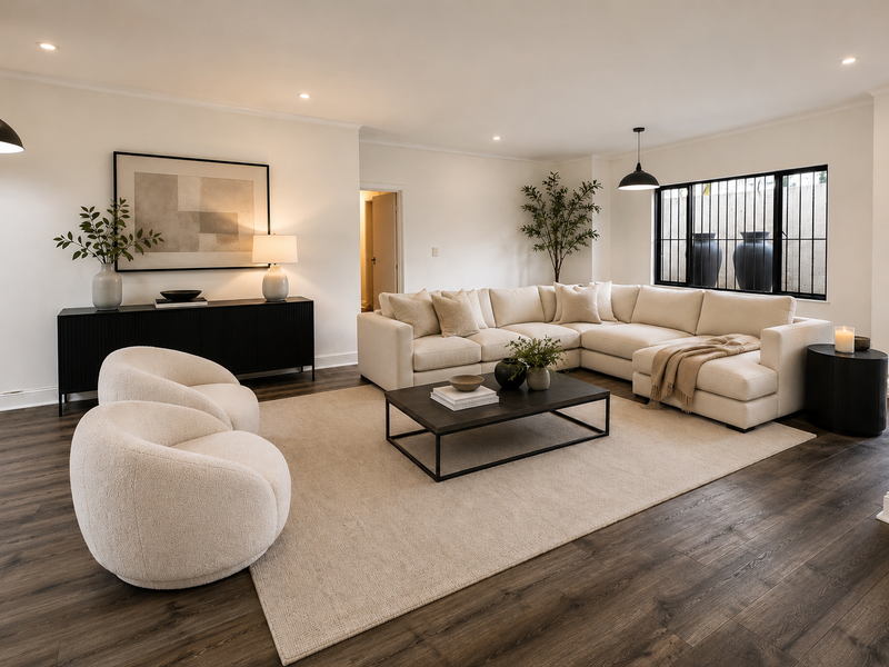 A bright and spacious living room featuring dark timber laminate flooring, recessed downlighting, and a large window with security bars.