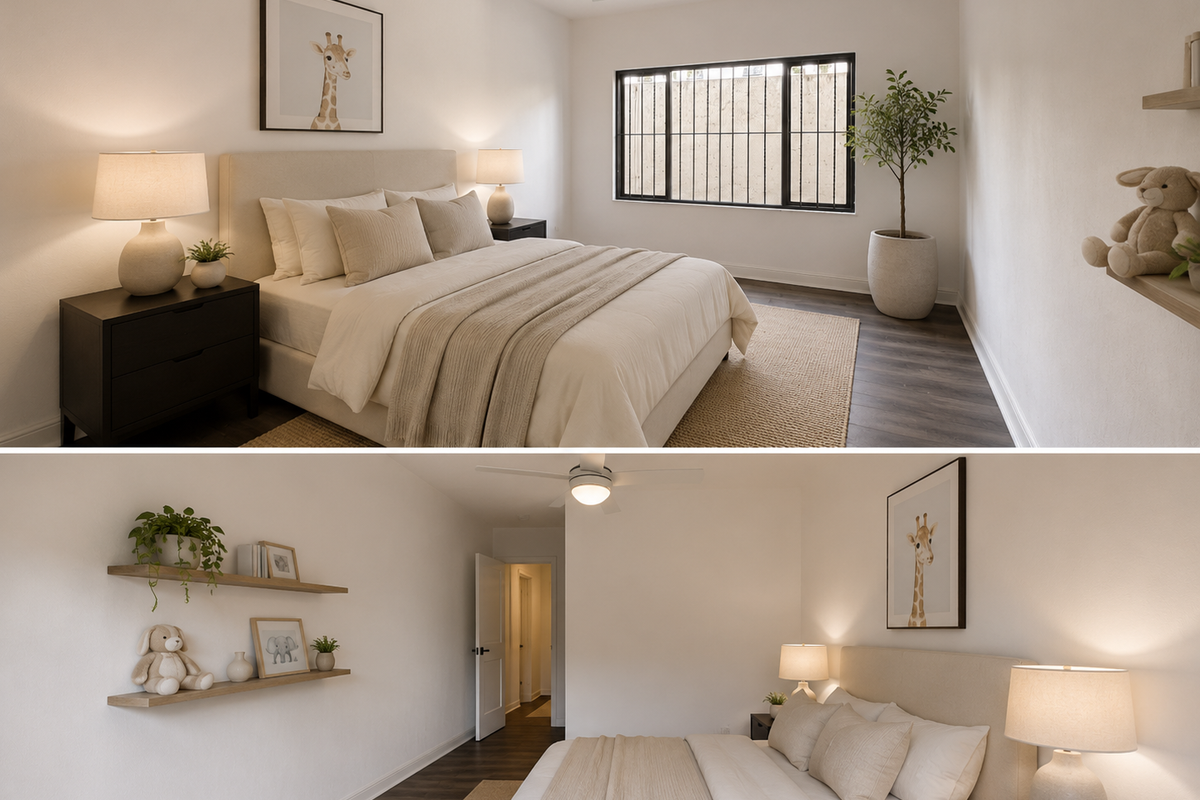 A well-maintained bedroom featuring dark laminate flooring, a ceiling fan, and floating wall shelves, finished with neutral tones and modern window security bars.