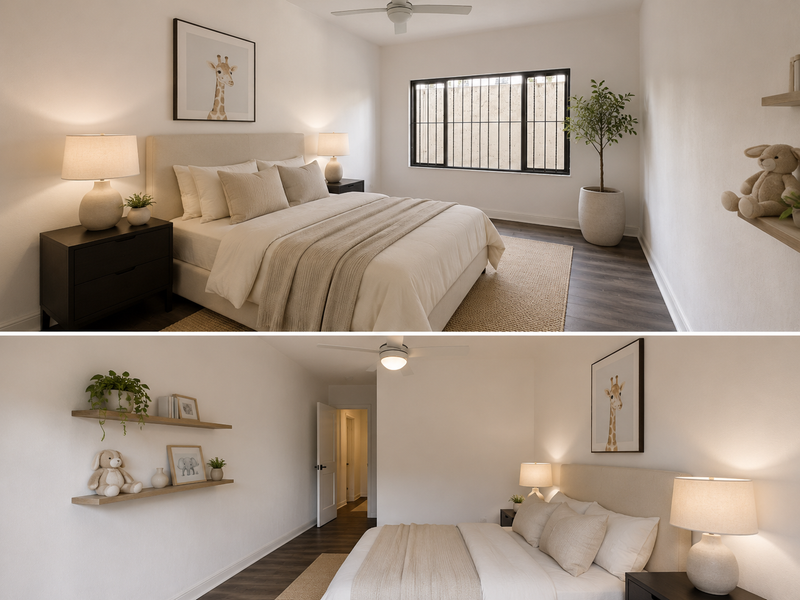 A well-maintained bedroom featuring dark laminate flooring, a ceiling fan, and floating wall shelves, finished with neutral tones and modern window security bars.