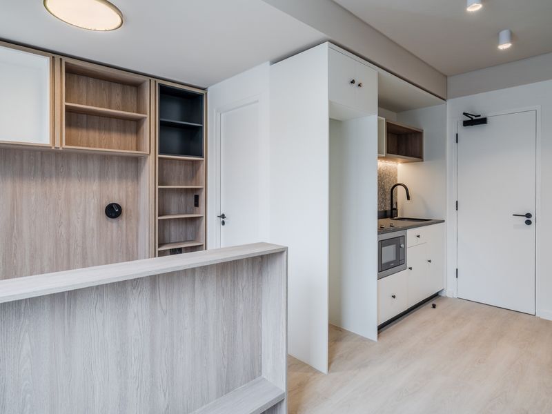 Modern open-plan apartment space featuring light wood-tone built-in cabinetry, integrated kitchen appliances, and sleek minimalist finishes throughout.