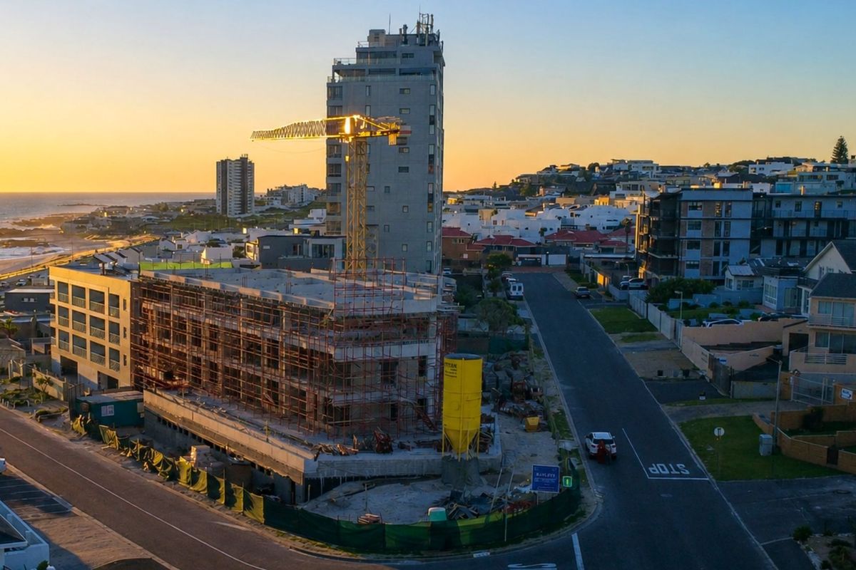 Aerial view of a coastal apartment development currently under construction, featuring a prominent crane and structural framework in a residential neighborhood.