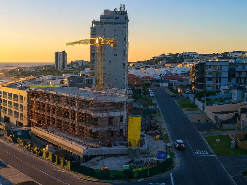 Aerial view of a coastal apartment development currently under construction, featuring a prominent crane and structural framework in a residential neighborhood.