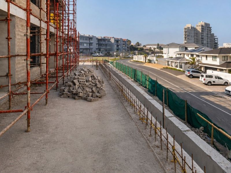 An exterior view of an apartment building under construction, featuring scaffolding, unfinished masonry, and a concrete retaining wall along the street frontage.