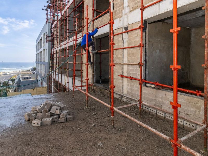 Exterior view of an apartment building under construction, featuring scaffolding and exposed masonry work with a coastal view.