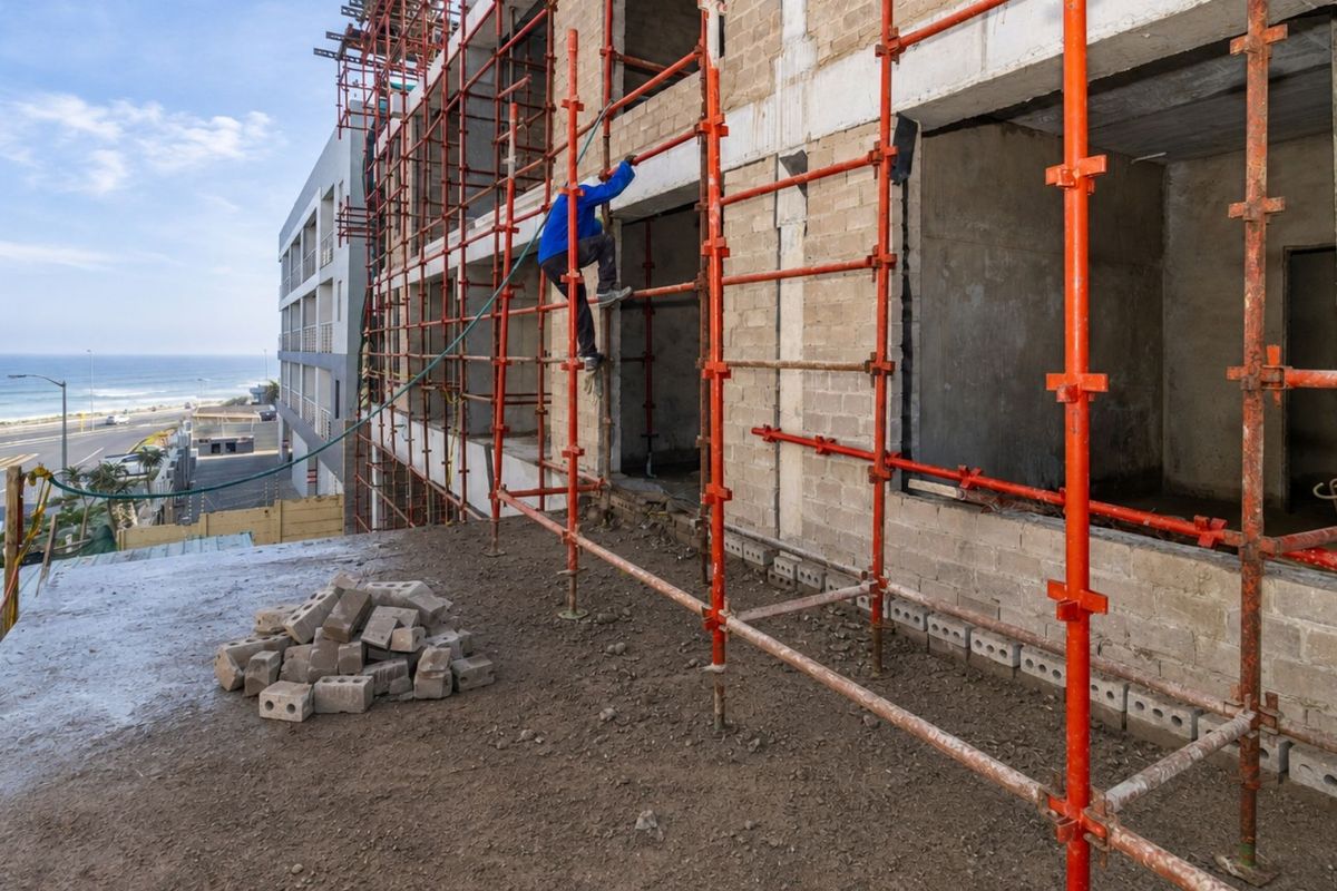 Exterior view of an apartment building under construction, featuring scaffolding and exposed masonry work with a coastal view.