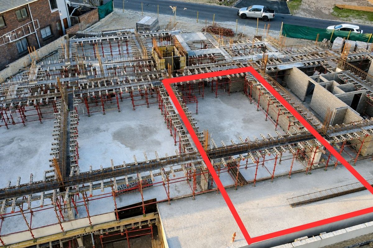 Aerial view of a residential apartment construction site showing the concrete foundation and steel reinforcement framework in progress.