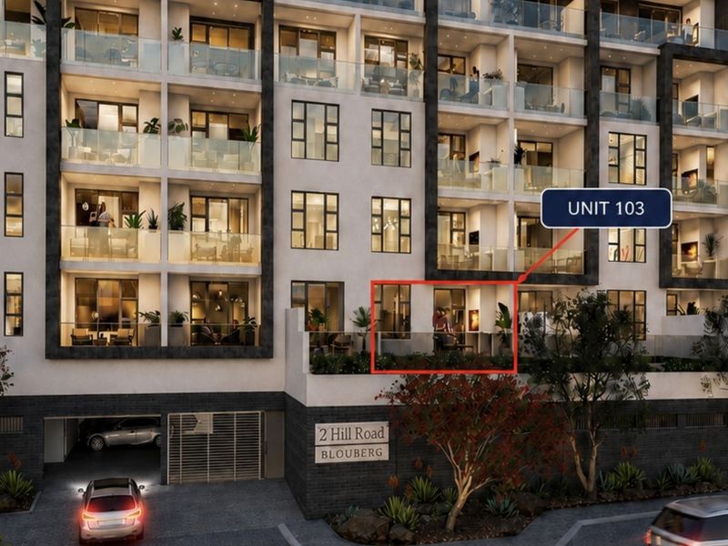 Modern multi-story apartment building facade featuring glass balconies and secure ground-level parking access, highlighting Unit 103.