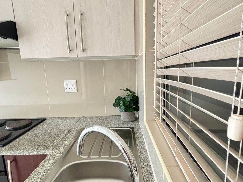 A clean and functional kitchen area featuring granite countertops, a stainless steel sink with a chrome mixer tap, and modern built-in cabinetry.