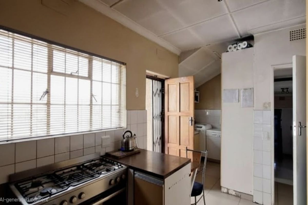 A functional kitchen featuring a gas stove, tiled splashbacks, and built-in cabinetry, with direct access to an exterior security gate.