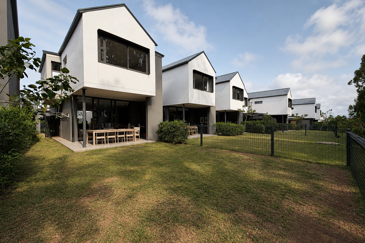 Rear view of modern multi-story residential units featuring covered patios, sliding glass doors, and private fenced garden areas.